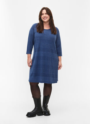 Zizzi Kleid mit 3/4-Ärmeln und Streifenmuster, Estate Blue Melange, Model image number 3