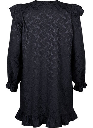 Zizzi Jacquardkleid mit langen Ärmeln und Rüschen, Black, Packshot image number 1