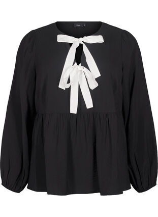 Zizzi Bluse aus Viskose mit Schleifen und langen Ärmeln, Black White Bow, Packshot image number 0