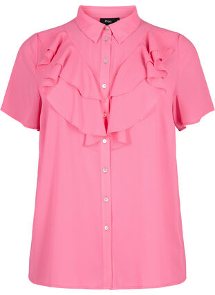 Zizzi Kurzärmelige Hemdbluse mit Rüschen, Pink Power, Packshot image number 0