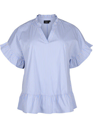 Zizzi Gestreifte Bluse mit Schößchen- und Rüschendetails, Blue Stripe, Packshot image number 0