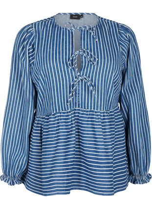 Zizzi Gestreifte Jeansbluse mit Schleife vorne, Blue Denim Stripe, Packshot image number 0