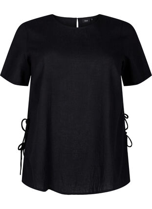 Zizzi Kurzärmlige Bluse aus Baumwoll-Mix mit Leinen und Spitzendetail, Black, Packshot image number 0
