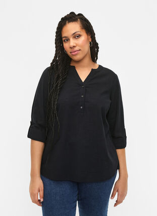 Zizzi Hemdbluse aus Baumwolle mit V-Ausschnitt, Black, Model image number 0