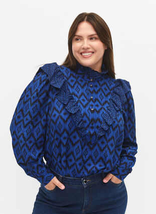 Zizzi Shirtbluse aus Viskose mit Rüschendetails, True blue w. Black, Model image number 0