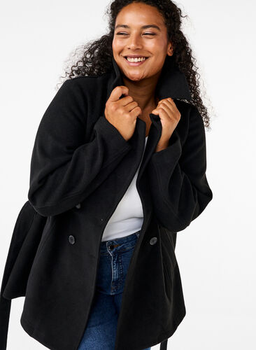 Zizzi Kurze Wolljacke mit Gürtel, Black, Image image number 0