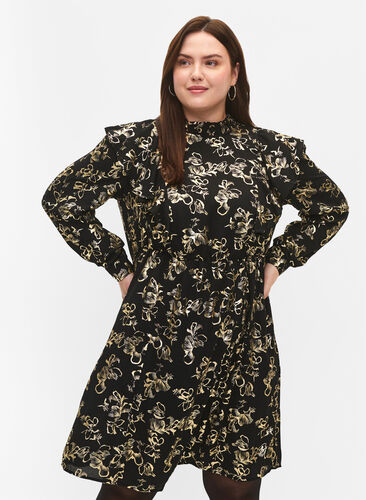 Zizzi Langärmeliges Kleid mit Rüschen und Foliendruck, Black Foil AOP, Model image number 0