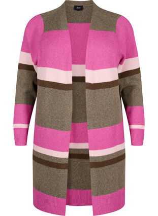 Zizzi Lange Strickjacke mit breiten Streifen, Fuchsia Red Mel.Comb, Packshot image number 0