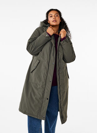 Zizzi Parka mit Kapuze und verstellbarer Taille, Black Olive, Model image number 0