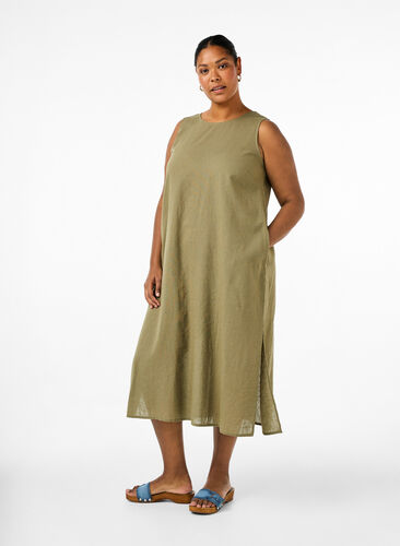 Zizzi Ärmelloses Kleid aus Baumwollmischung mit Leinen, Deep Lichen Green, Model image number 0