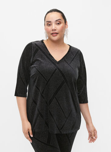 Zizzi Veloursbluse mit Glitzer und 3/4 Ärmeln, Black, Model image number 0