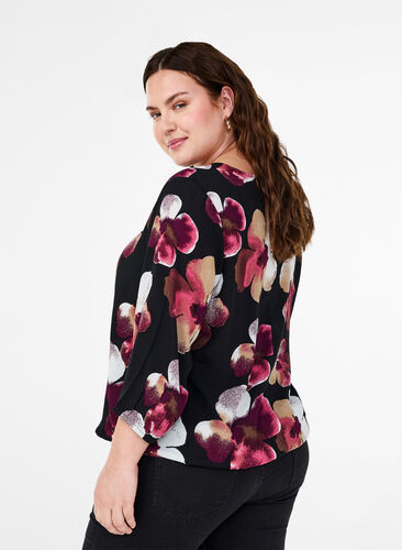 Zizzi  Viskosebluse mit Print und Kittel, Black Pink FlowerAOP, Model image number 1