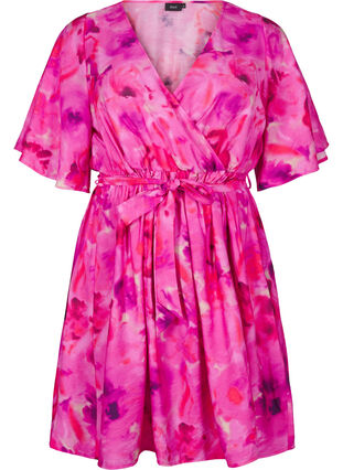 Zizzi Knielanges Kleid mit Blumenprint und Wickeloptik, Pink Rose AOP, Packshot image number 0