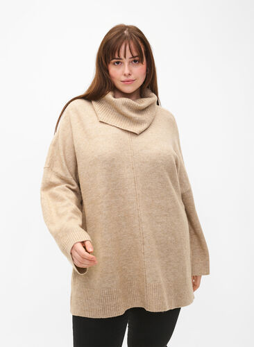 Zizzi Melange-Strickpullover mit Rollkragen, Simply Taupe Mel., Model image number 0