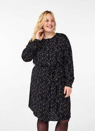 Zizzi Langärmliges Kleid mit Bindeband, Black w. Dot AOP, Model image number 0