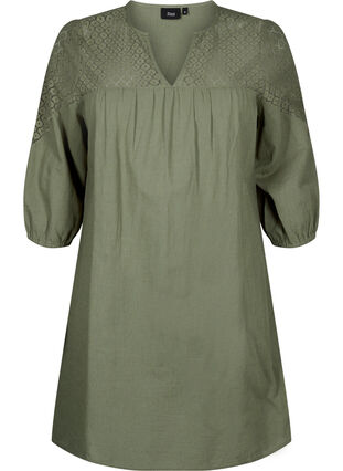 Zizzi Kleid aus einer Baumwollmischung mit Leinen und Häkeldetails, Deep Lichen Green, Packshot image number 0
