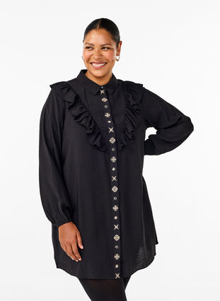 Zizzi Hemdblusenkleid mit Rüschen und Stickereien, Black, Model image number 0