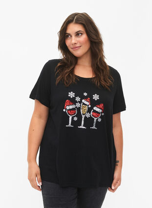 Zizzi Weihnachts-T-Shirt mit Pailletten, Black w. Wine, Model image number 0