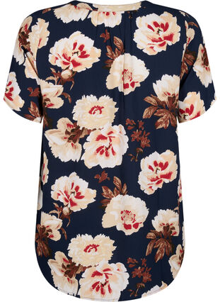 Zizzi Bluse mit kurzen Ärmeln und V-Ausschnitt , Navy B. Rose AOP, Packshot image number 1