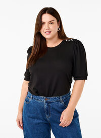 Bluse mit Knopfdetail und kurzen Puffärmeln, Black, Model