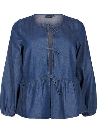 Zizzi Peplum-Bluse aus Denim mit Bindeverschluss, Dark Blue Denim, Packshot image number 0