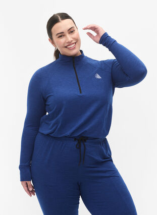 Zizzi Trainingsshirt mit Reißverschluss, S. Blue / Black Mel., Model image number 0