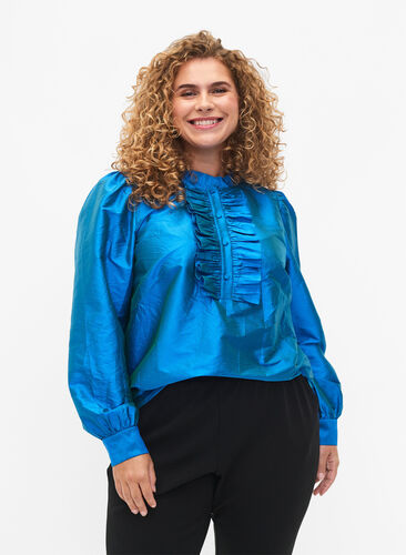 Zizzi Glänzende Hemdbluse mit Rüschen, Diva Blue, Model image number 0