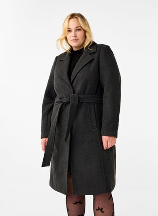 Zizzi Langer Wollmantel mit Gürtel, Dark Grey Melange, Model image number 0