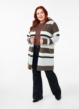 Zizzi Lange Strickjacke mit breiten Streifen, Light Grey Mel.Comb, Model image number 2