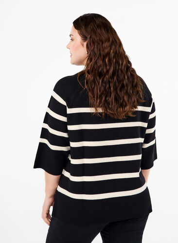 Zizzi Strickbluse mit 3/4-Arm und Streifen, Black Birch Stripes, Model image number 1