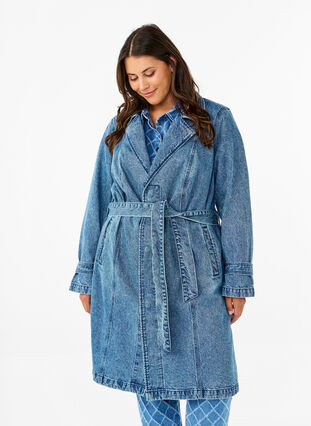 Zizzi Denim-Trenchcoat mit Gürtel, Blue Denim, Model image number 3