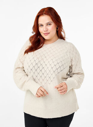 Zizzi  Strickbluse mit Spitzenmuster, Pumice Stone Mel., Model image number 0