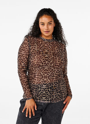 Zizzi Netzbluse mit Leopardenmuster, LEO AOP, Model image number 0