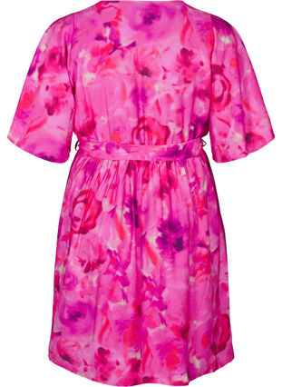 Zizzi Knielanges Kleid mit Blumenprint und Wickeloptik, Pink Rose AOP, Packshot image number 1