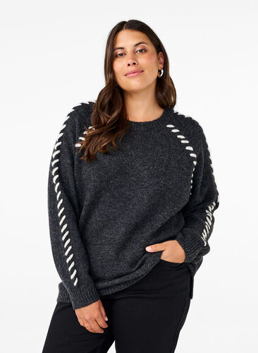 Zizzi Strickbluse mit Ziernähten, Dark Grey White Mel., Model image number 0