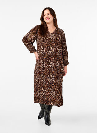 Zizzi Langes Kleid mit Leopardenmuster und 3/4-Ärmeln, Leo AOP, Model image number 0