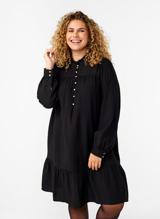 Zizzi Kurzes Kleid mit Rüschenkragen, Black, Model image number 0