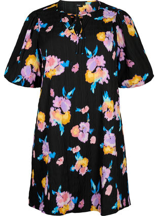 Zizzi Kleid mit kurzen Puffärmeln und Blumenmuster, Black w. flower AOP, Packshot image number 0