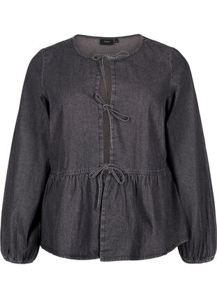 Zizzi Peplum-Bluse aus Denim mit Bindeverschluss, Dark Grey Denim, Packshot image number 0