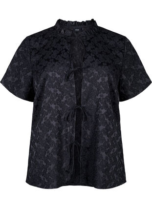 Zizzi Kurzärmelige Jacquard-Bluse mit Schleifen, Black, Packshot image number 0