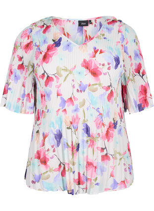 Zizzi  Plisseebluse mit Blumenmuster, White/MultiFlowerAOP, Packshot image number 0