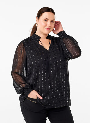 Zizzi Gemusterte Chiffonbluse mit Schleifen, Black, Model image number 0