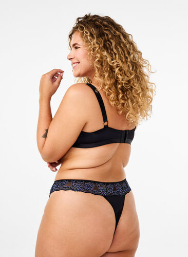 Zizzi G-string aus Mikrofaser mit Spitze, Black w Blue, Model image number 1