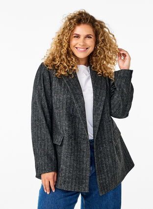 Zizzi Blazer aus Wollmischung mit Taschen, Dark Grey Melange, Model image number 0