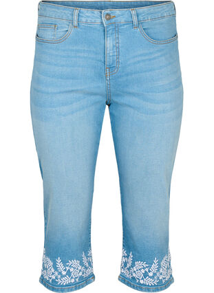 Zizzi  Amy Capri-Hosen mit hoher Taille und Stickerei, Light blue denim, Packshot image number 0